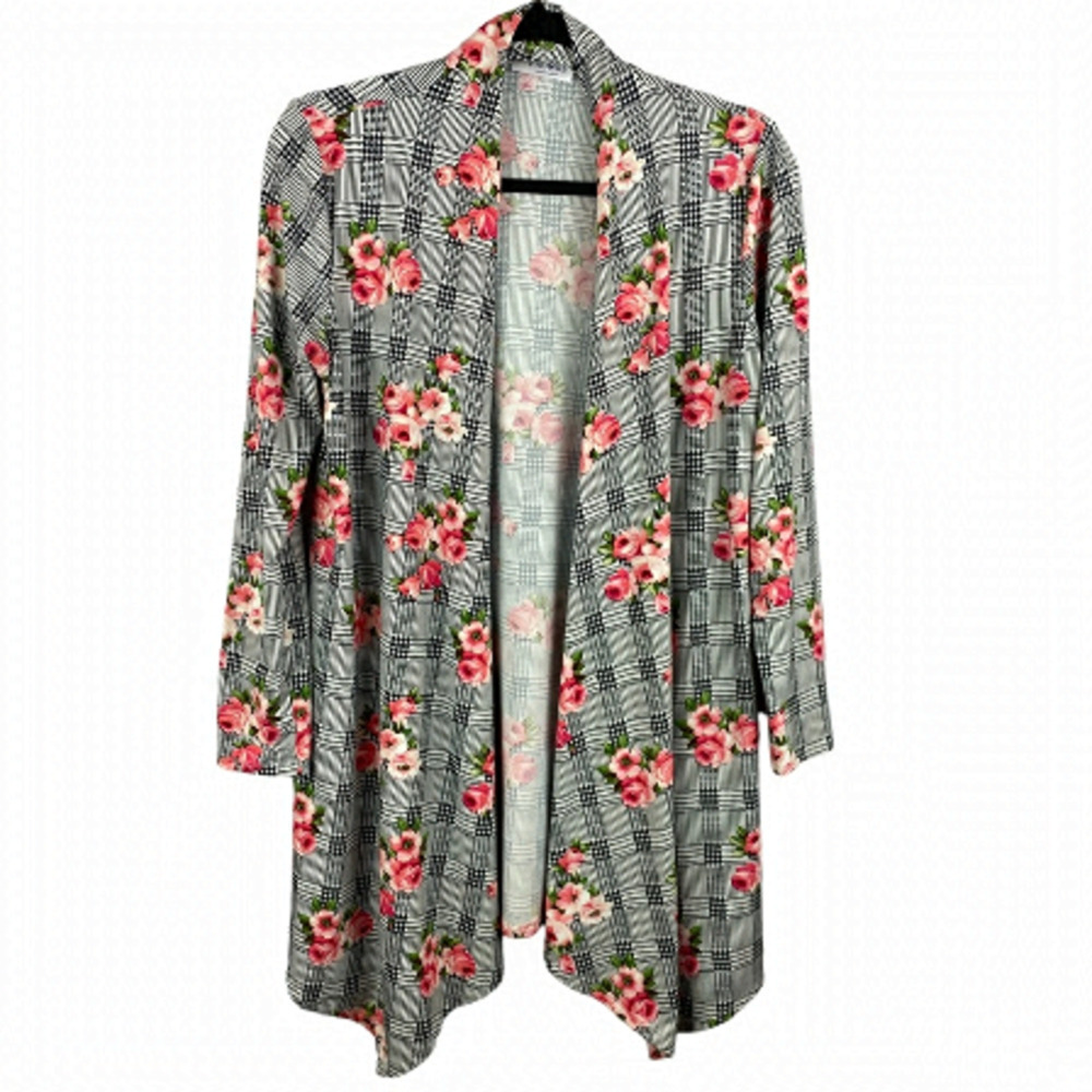 FRUMOS Plaid Floral Open Front Long Sleeve Cardigan Medium